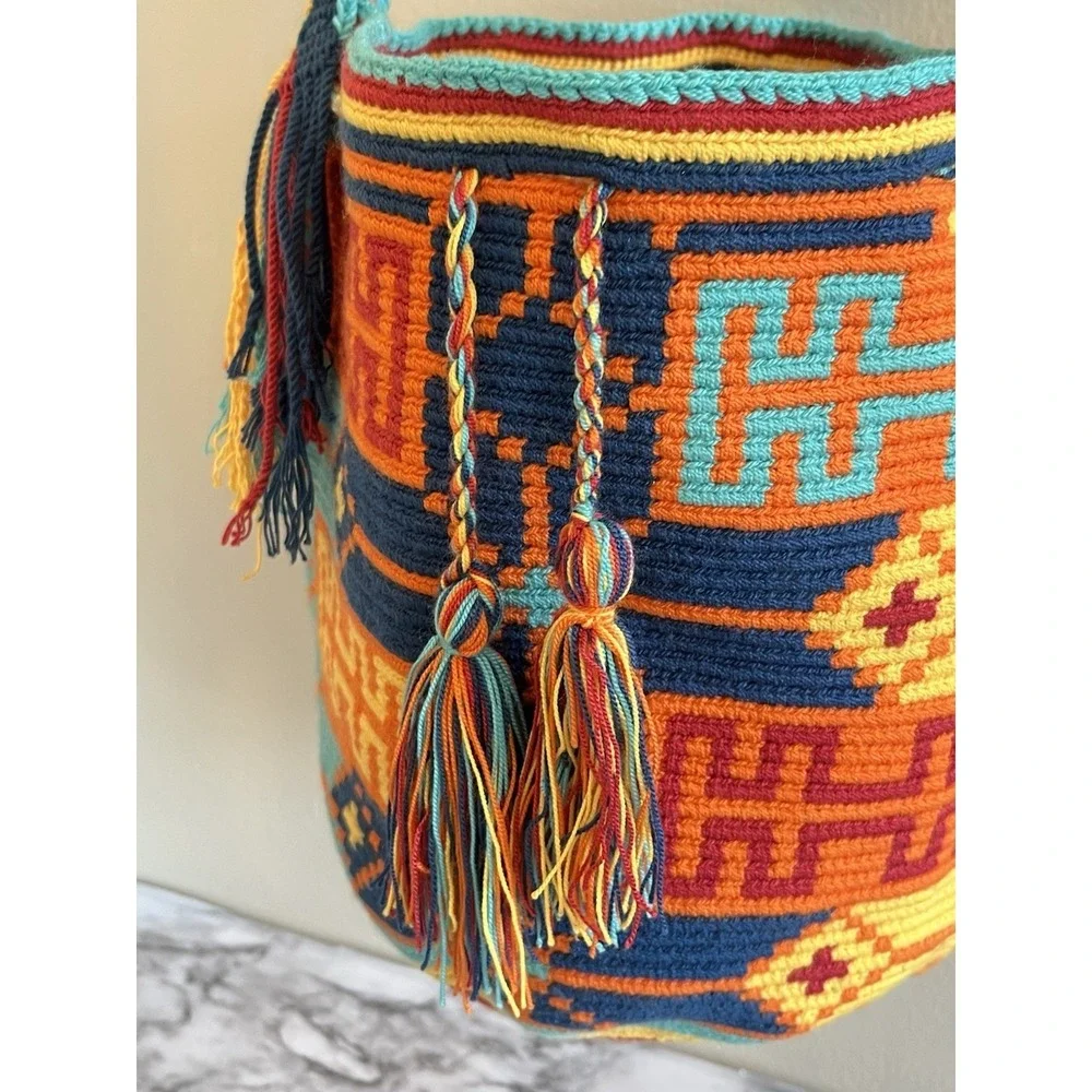 Wayuu Mochila Bucket Bag Boho Colombia Rioacha Orange Yellow Blue Red Festival